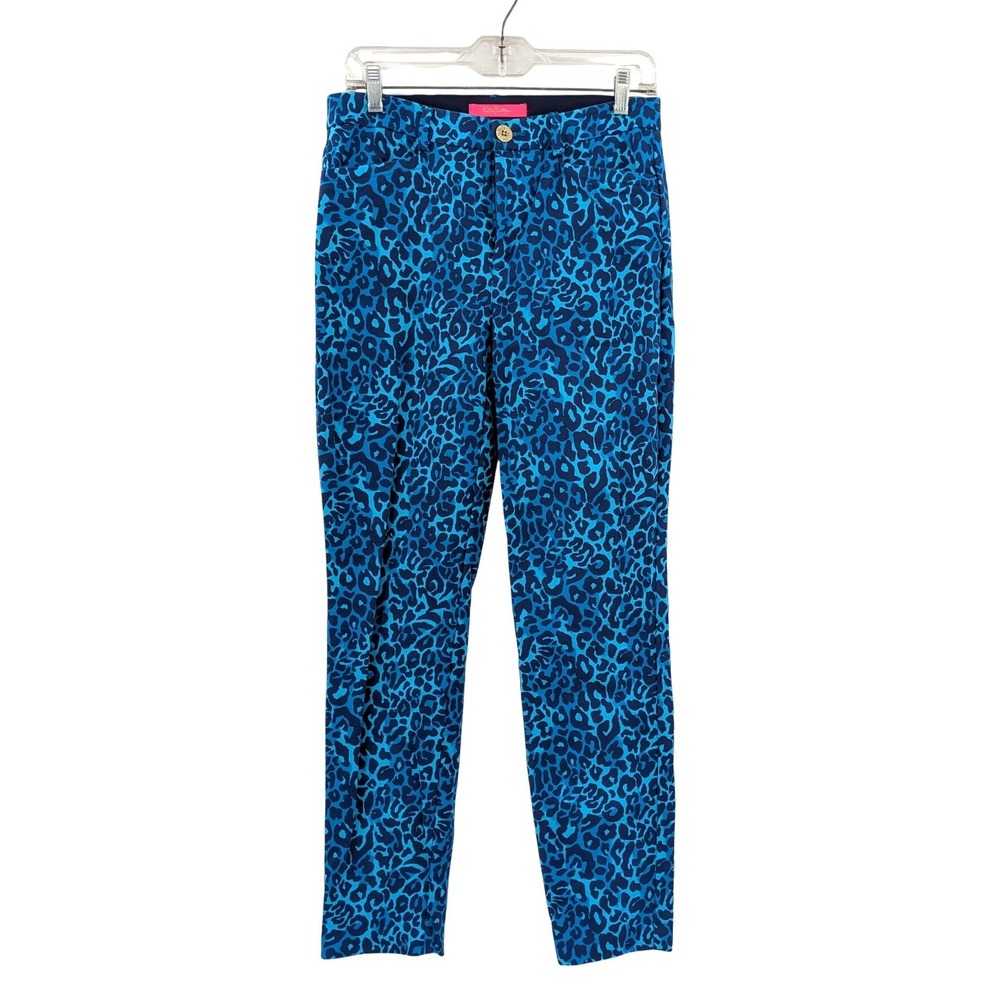 Lilly Pulitzer Blue Leopard Print‎ Pants 8 Skinny Stretch Cotton Resort Casual